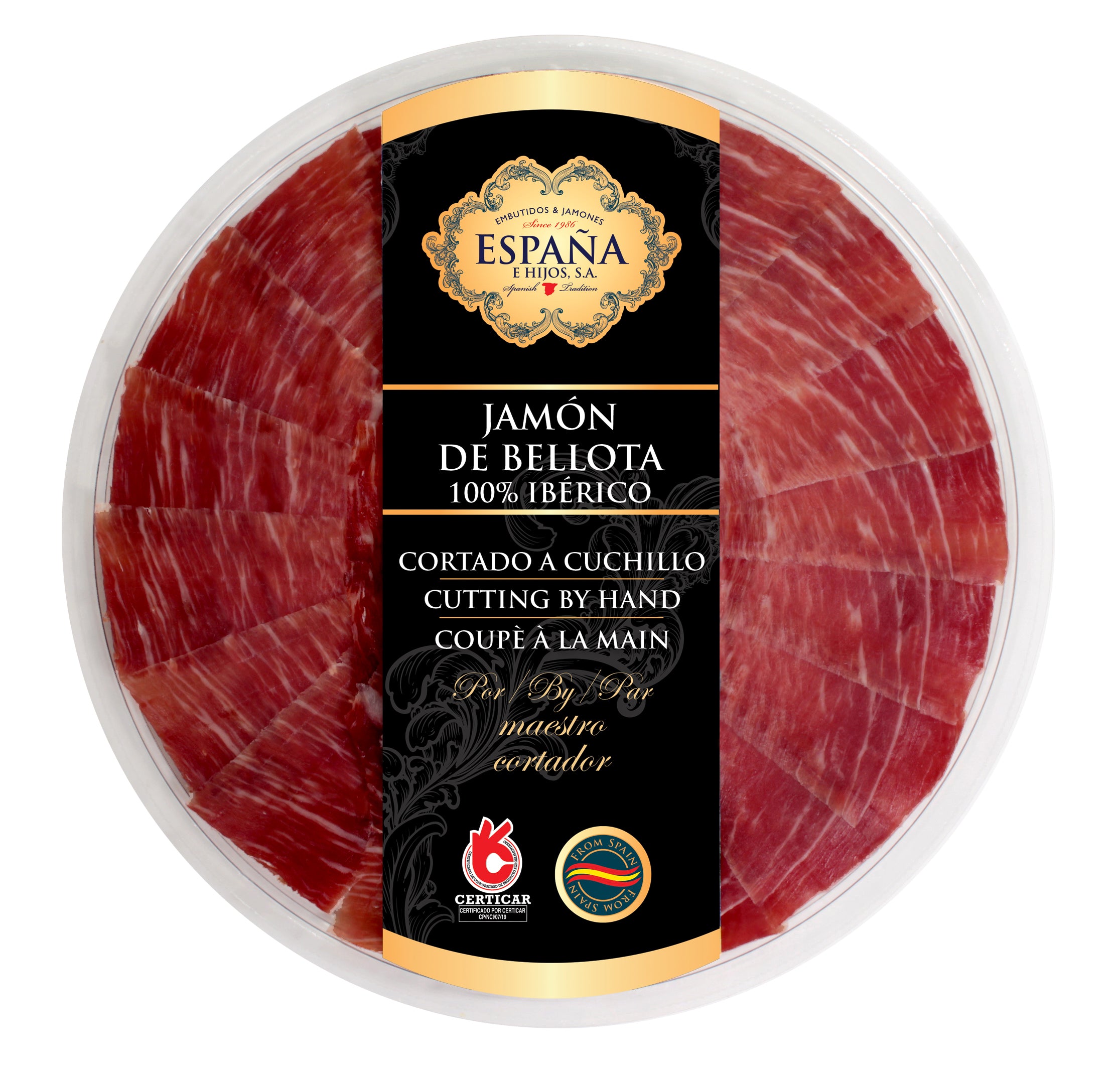 Plate of 100% Iberian Acorn-fed Ham Cut with a Knife