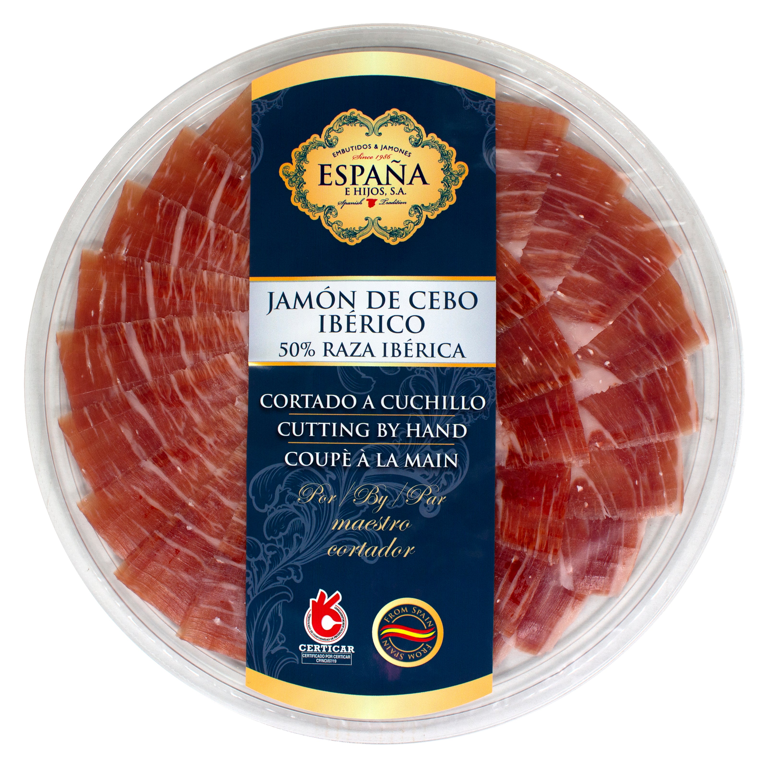 Plate of Iberian Cebo Ham 50% Iberian Breed Cut with a Knife