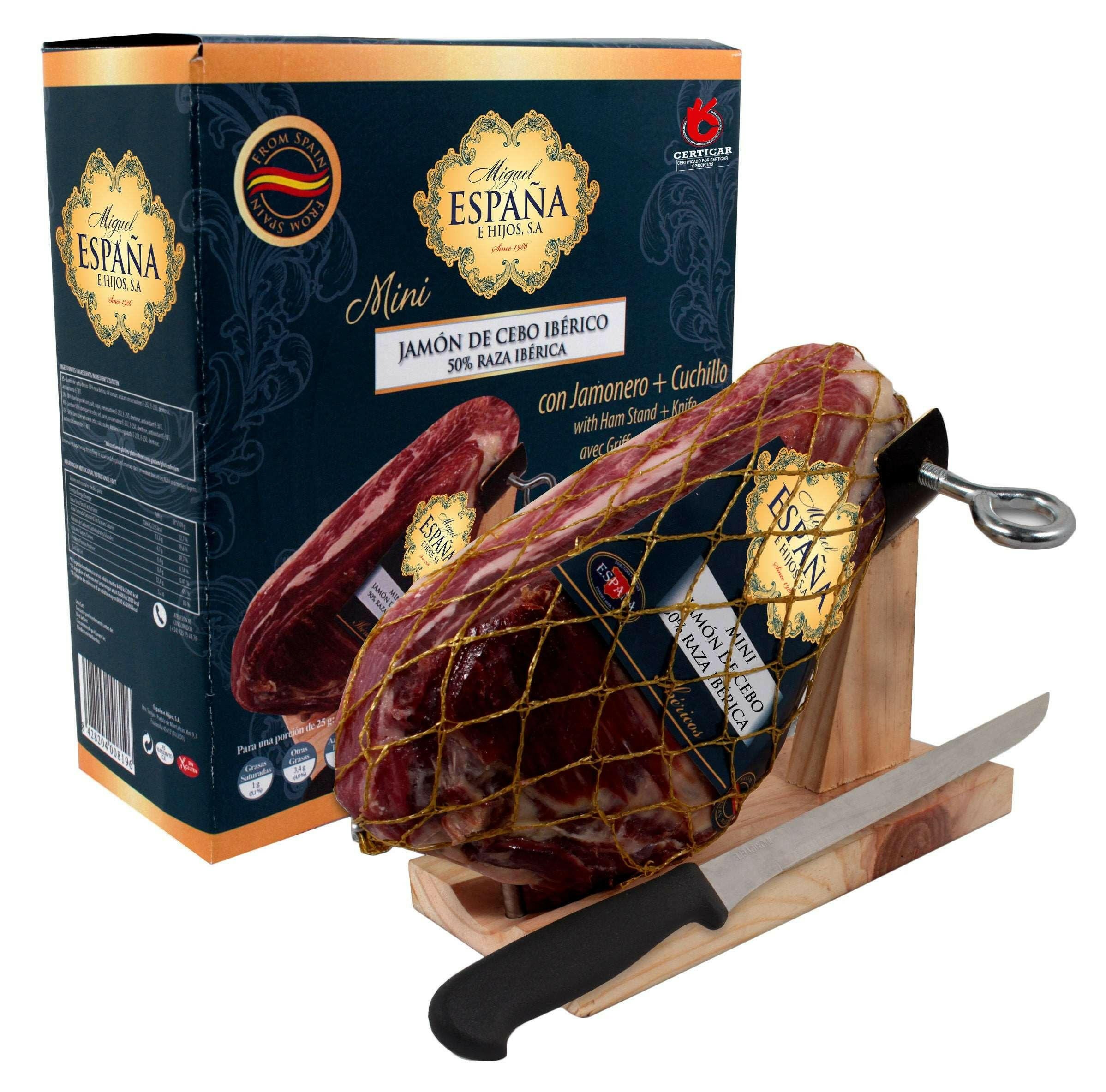 Mini Jamón de Cebo Ibérico 50% Raza Ibérica + Mini Jamonero + Cuchillo,  ,  Miguel España e Hijos.