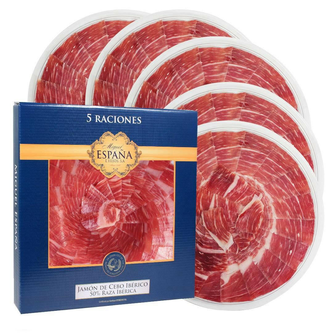 Pack 5 platos Jamón de Cebo Ibérico 50% Raza Ibérica,  Loncheado,  Miguel España e Hijos.